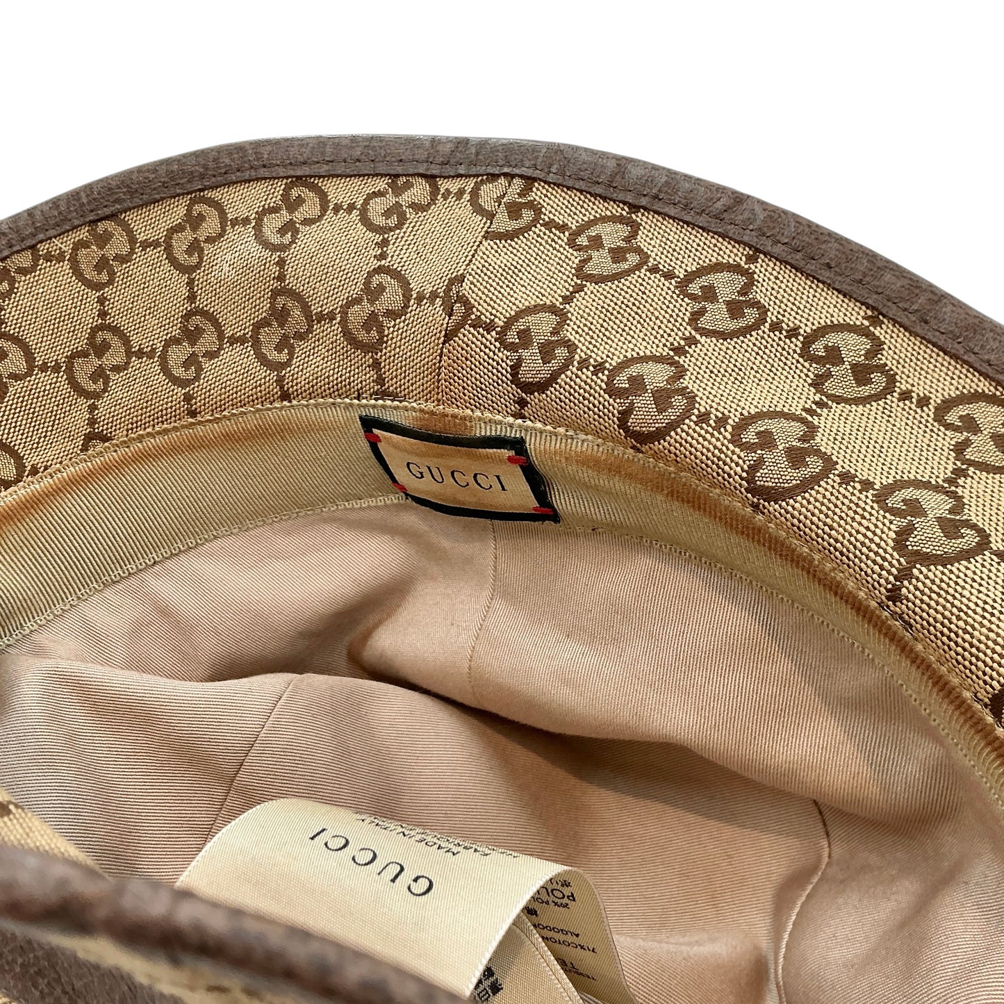 GUCCI Original GG Monogram Canvas Bucket Hat with Leather Trim