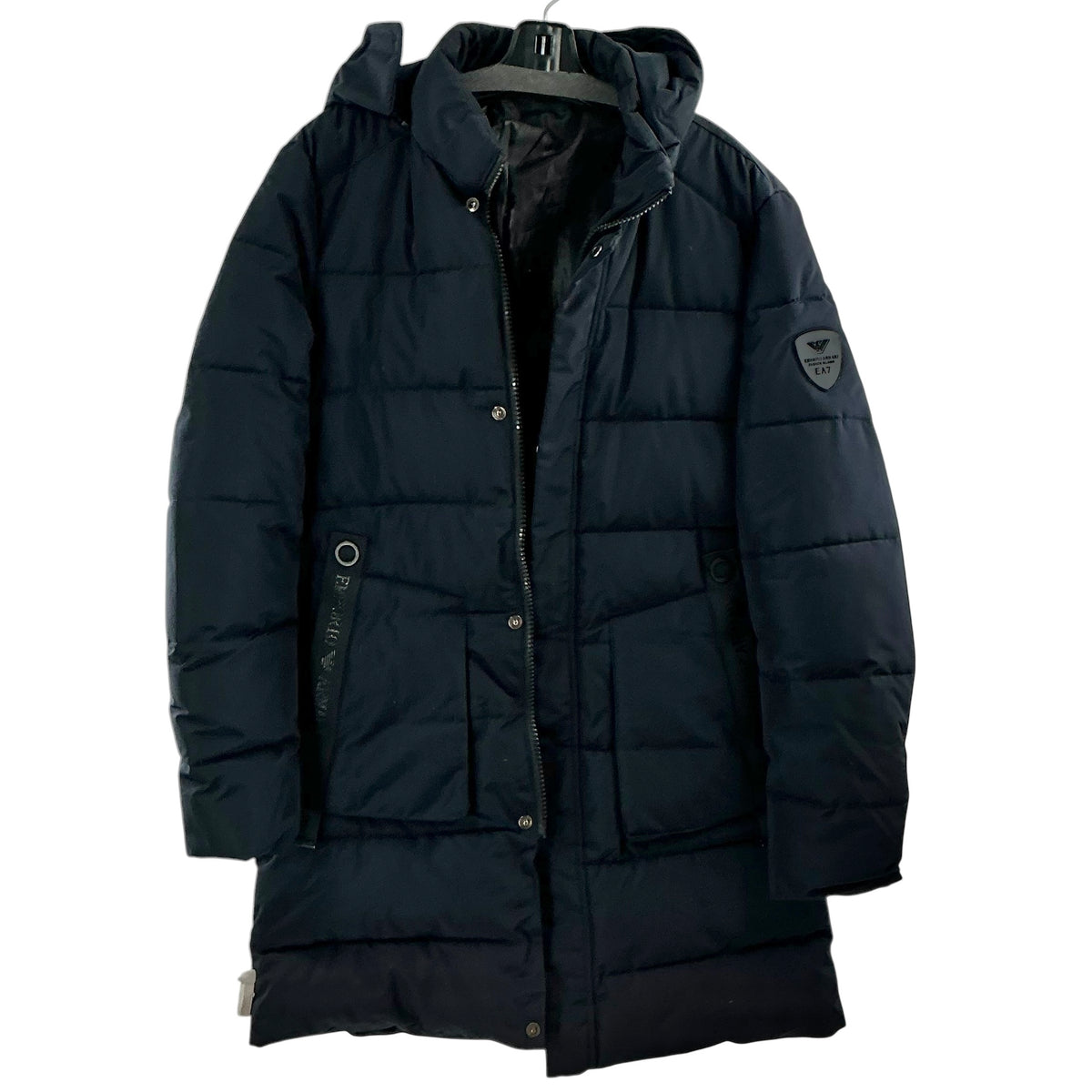 EA7 Emporio Armani Men’s Hooded Longline Quilted Puffer Jacket Coat – Navy Blue