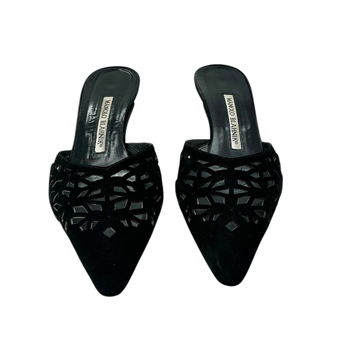 Manolo Blahnik Black Suede Laser Cutout Mules / Kitten Heels