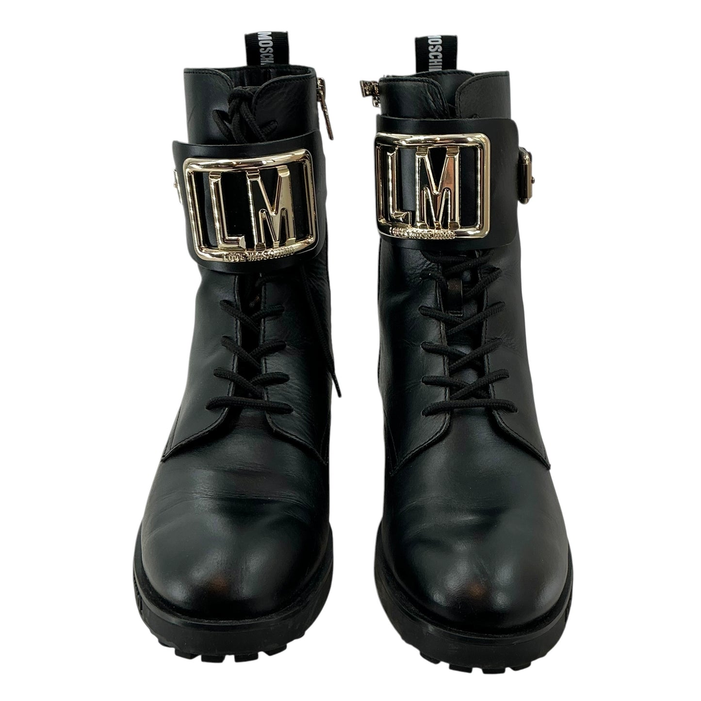 Love Moschino Black Leather LM Logo Combat Boots