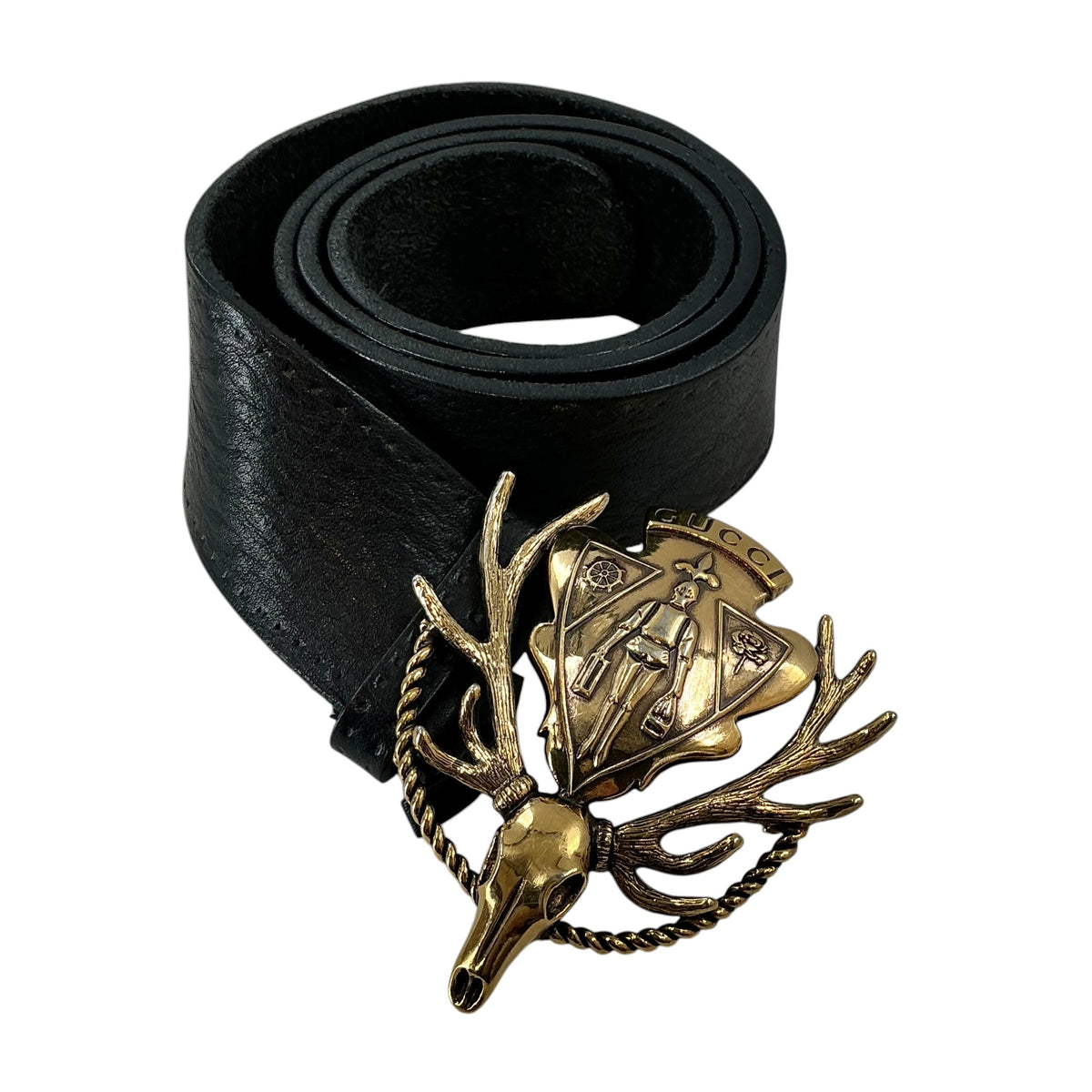 GUCCI "Hysteria" Black Leather Belt with Antiqued Gold Stag Skull Crest Buckle