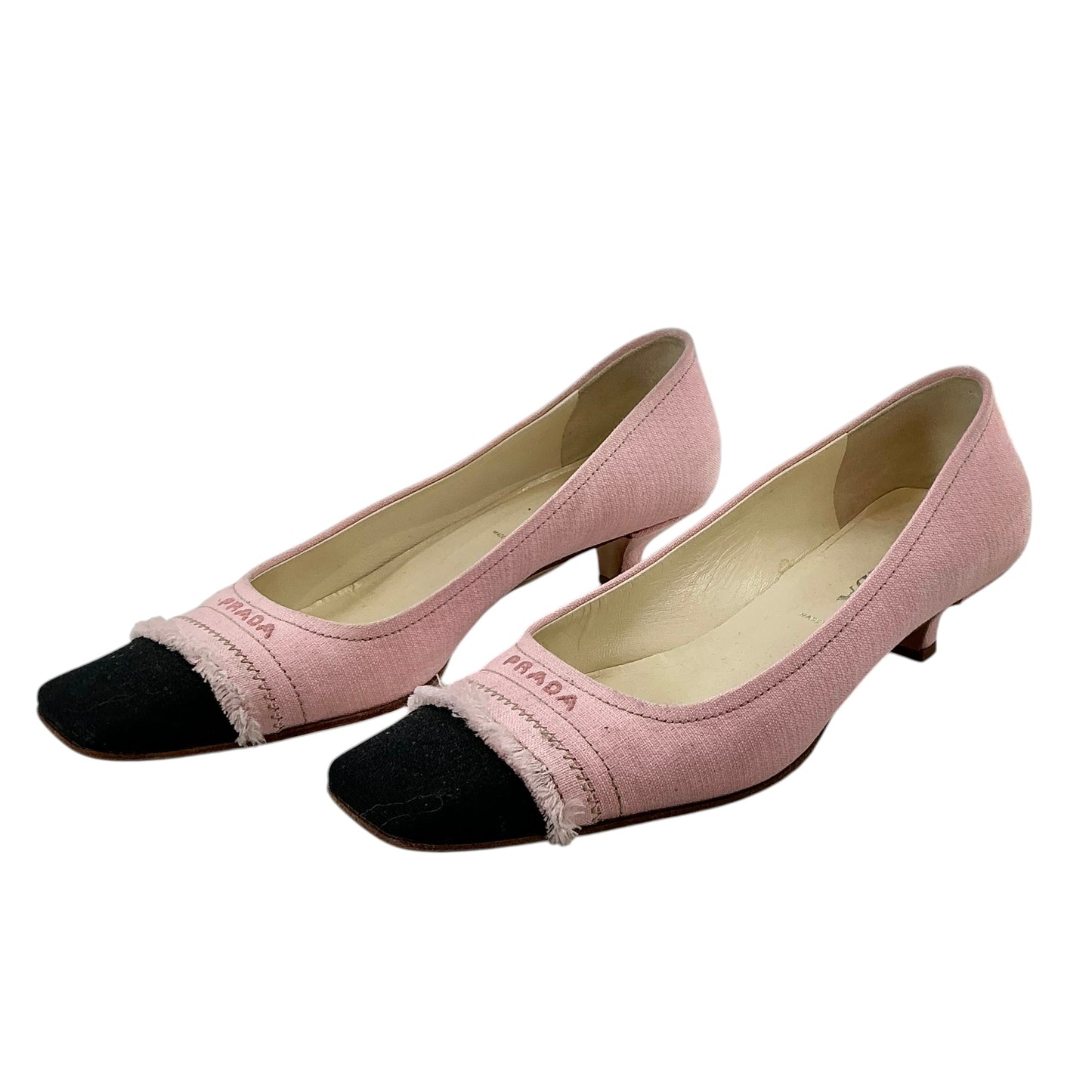Prada Vintage Pink Canvas Fringed Cap-Toe Kitten Heels
