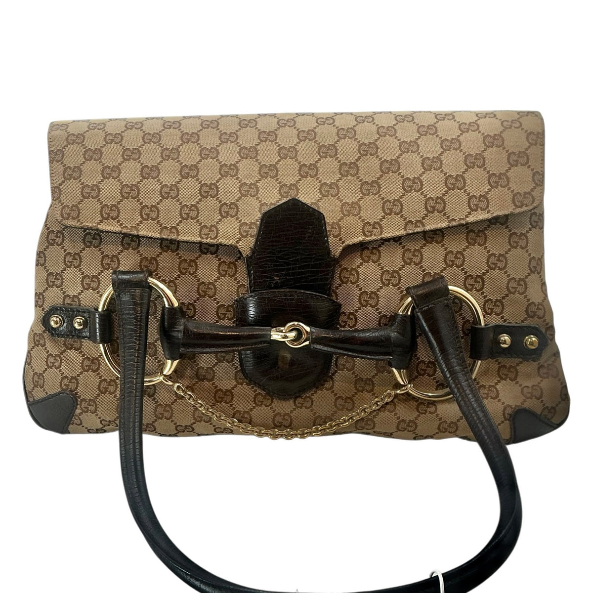 Gucci Tom Ford Era Beige/Ebony GG Canvas Horsebit Chain Flap Shoulder Satchel Bag
