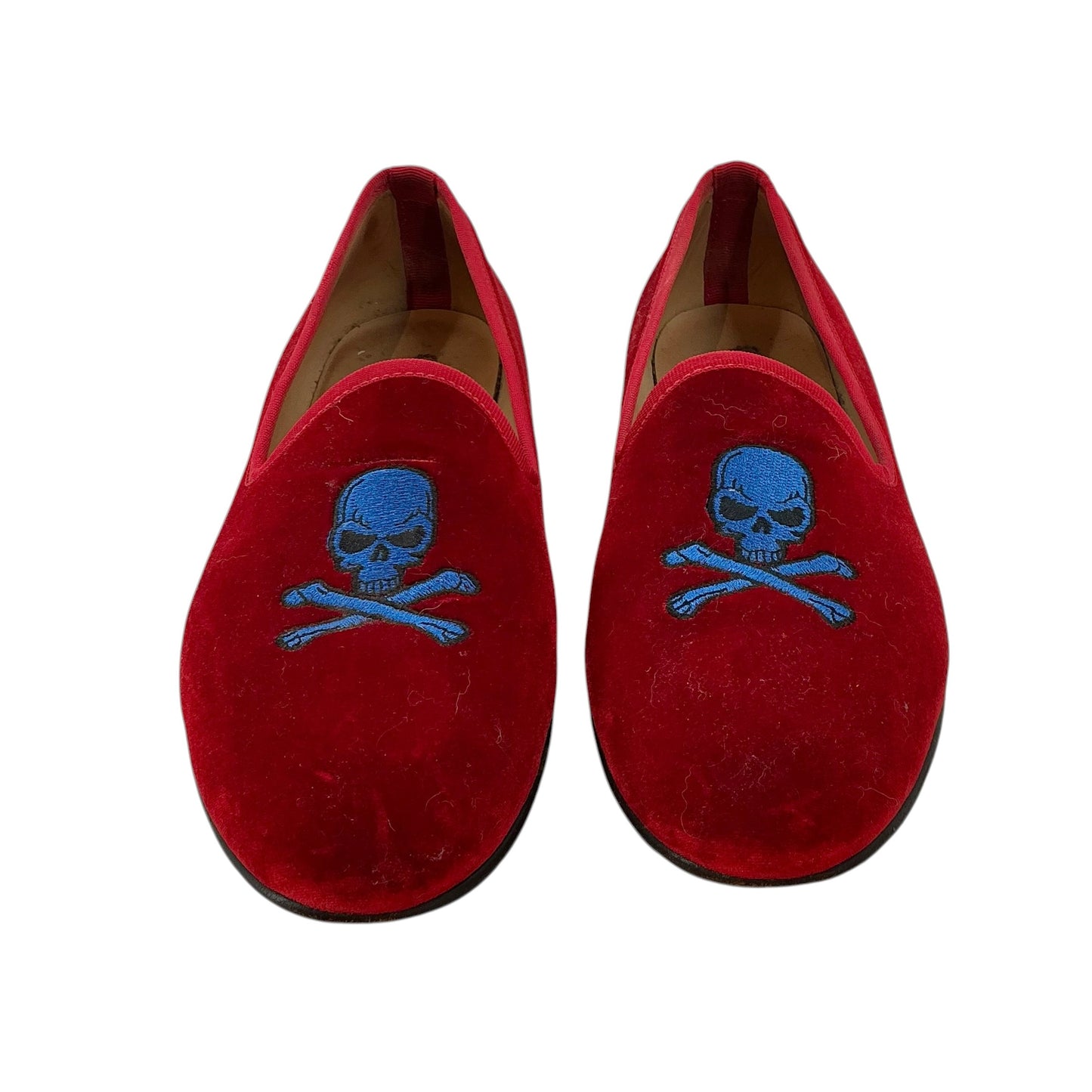 Del Toro Men's Red Velvet Skull & Bone Smoking Slipper Loafers