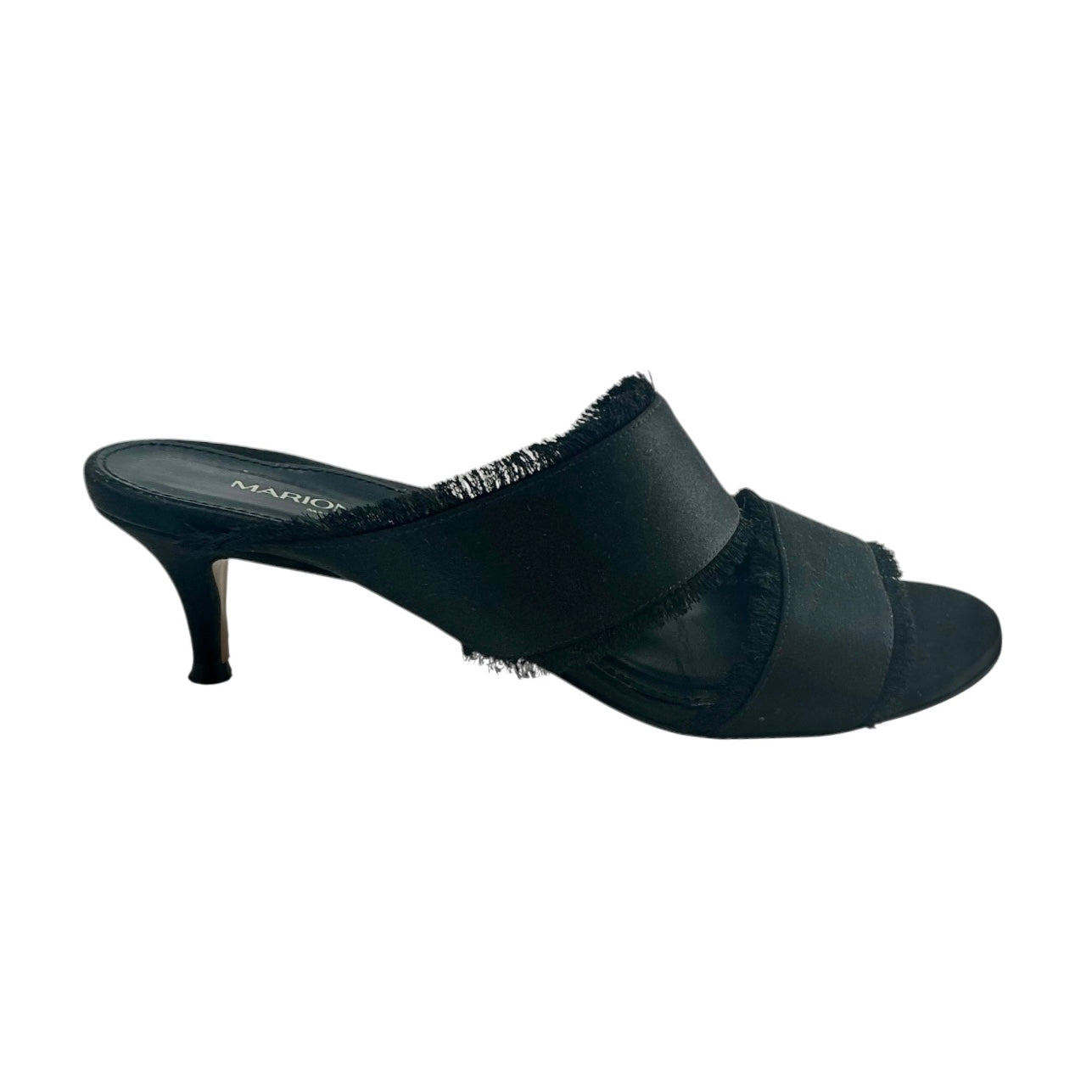 Marion Parke Black Satin Fringe Kitten Heel Mules