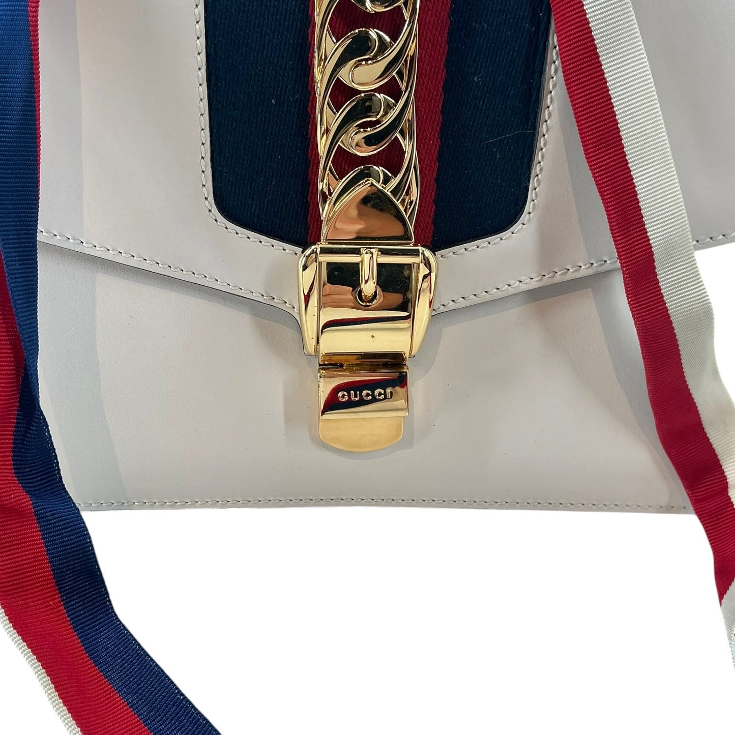 Gucci Sylvie Small White Calfskin Leather Web Shoulder Bag