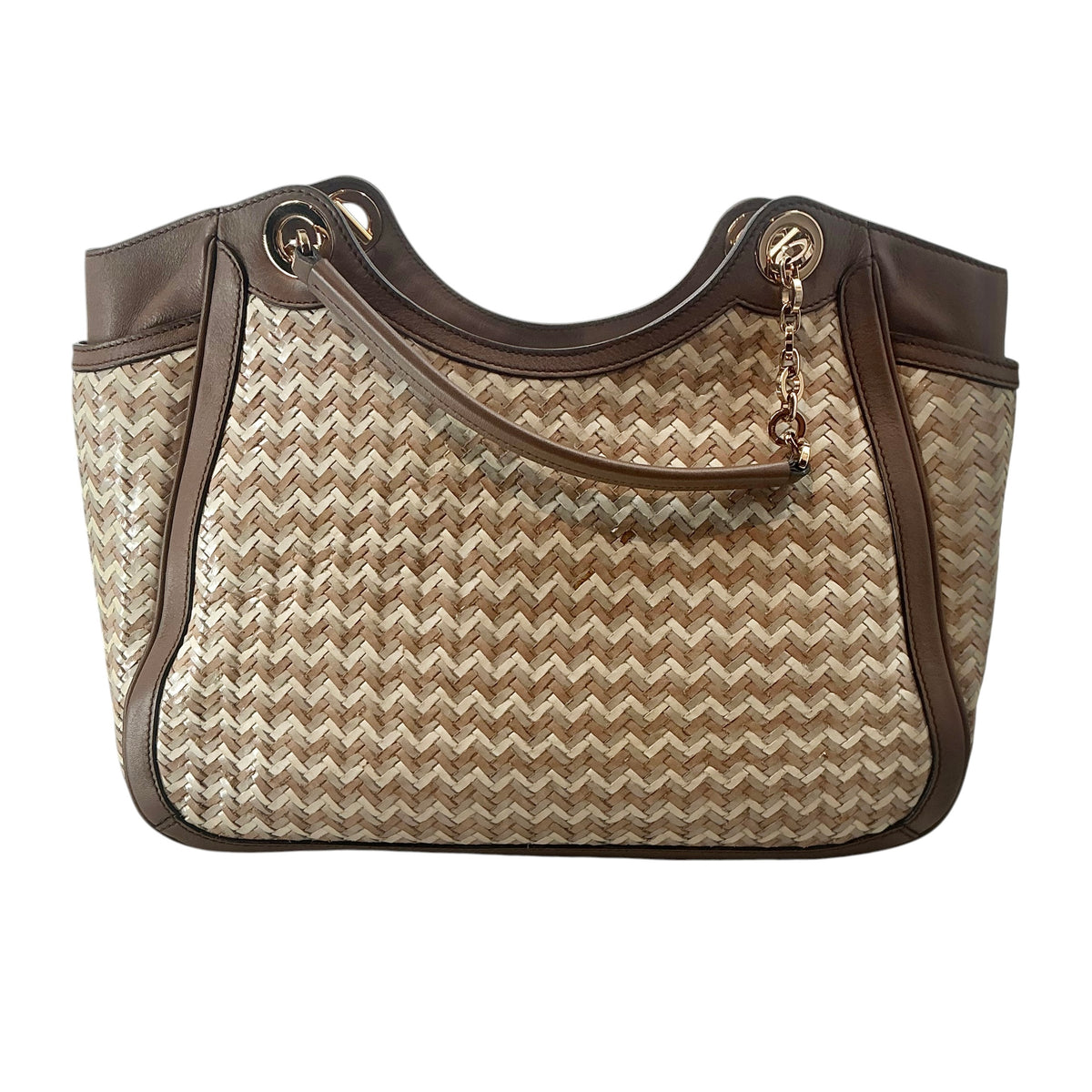 Salvatore Ferragamo Betulla Chevron Woven Straw & Brown Leather Shoulder Tote