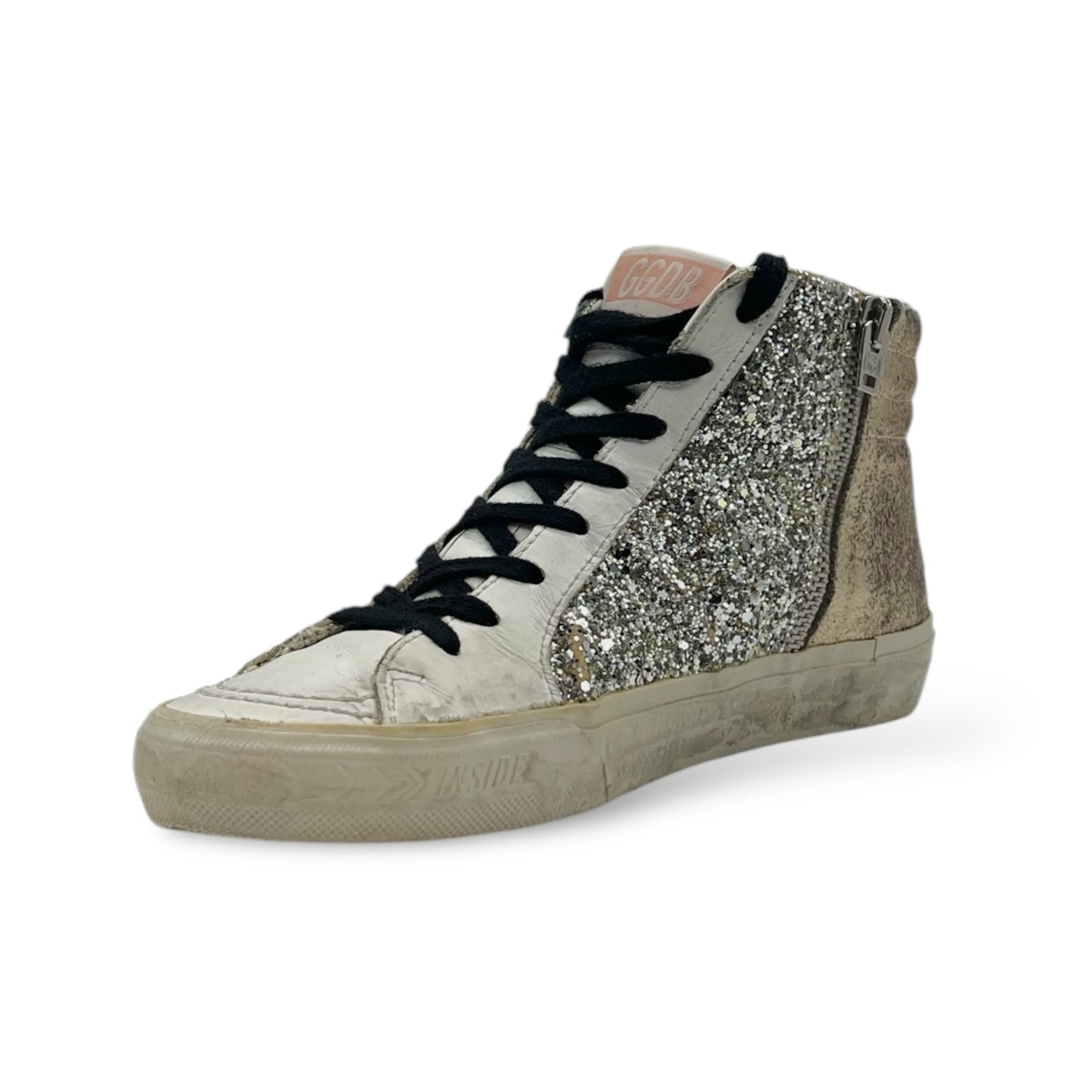 Golden Goose Slide Distressed Suede-Trimmed Leather and Lurex High-Top Women’s Sneakers