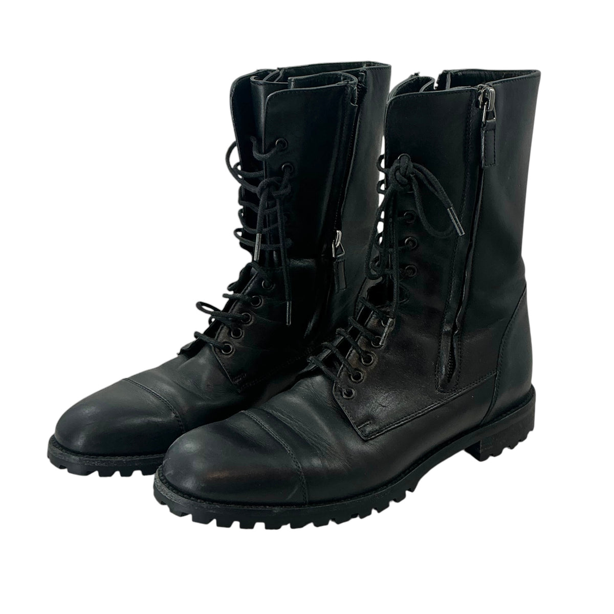 Manolo Blahnik Lugata Black Calf Leather Lace Up Zip Combat Boots