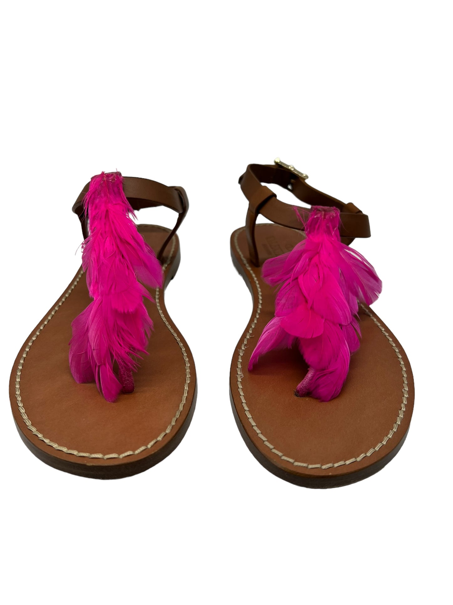 Valentino Brown Leather Slingback Sandals w Hot pink feathers