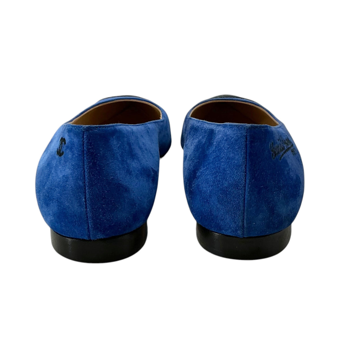 CHANEL Cobalt Blue Suede & Black Satin Pointed Cap Toe Flats