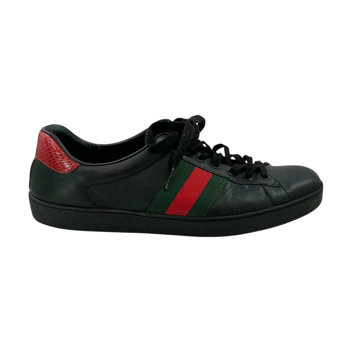 Gucci Ace Black Leather Sneakers Low Top Web Stripe
