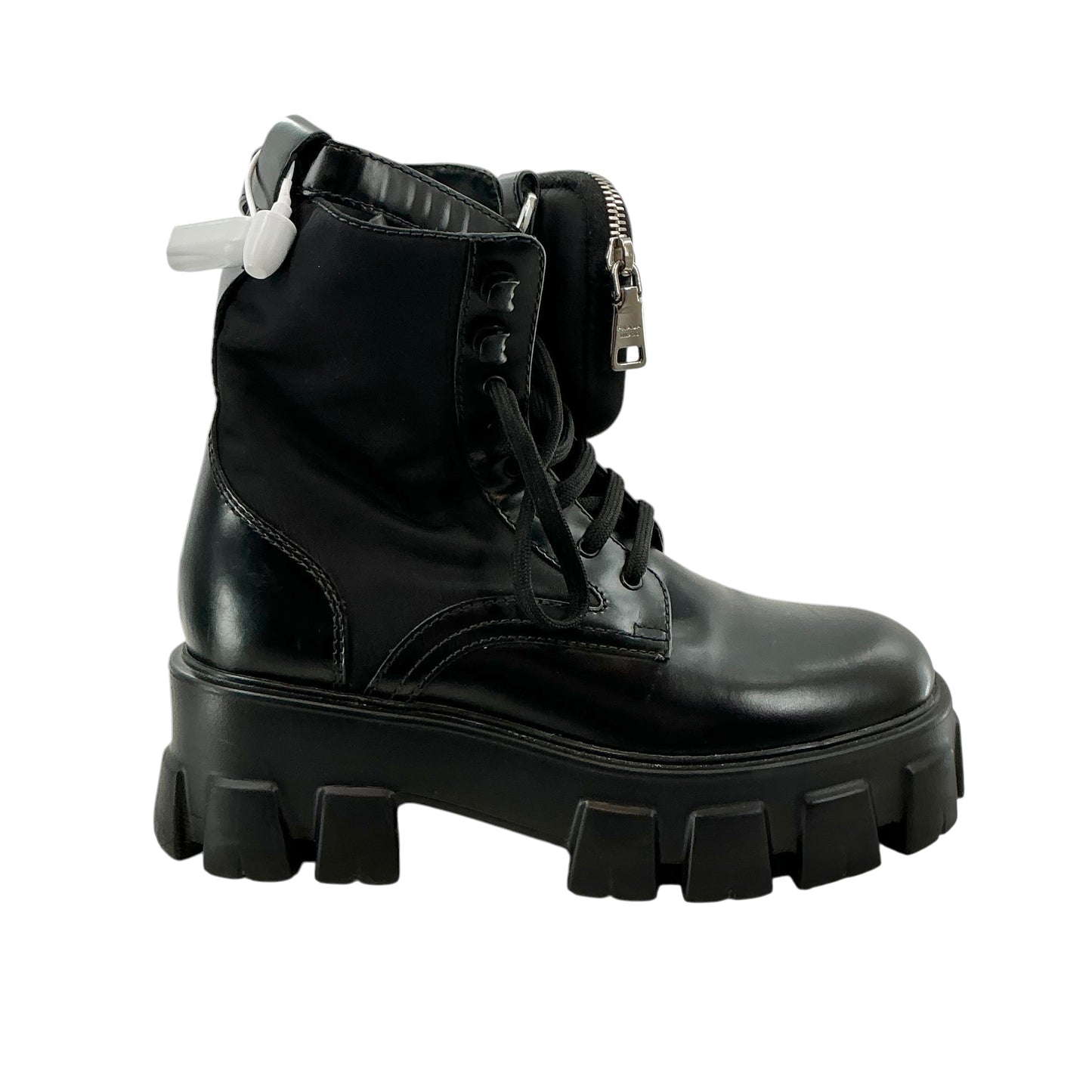 Prada Black Monolith Brushed Leather and Re-Nylon Combat Boots