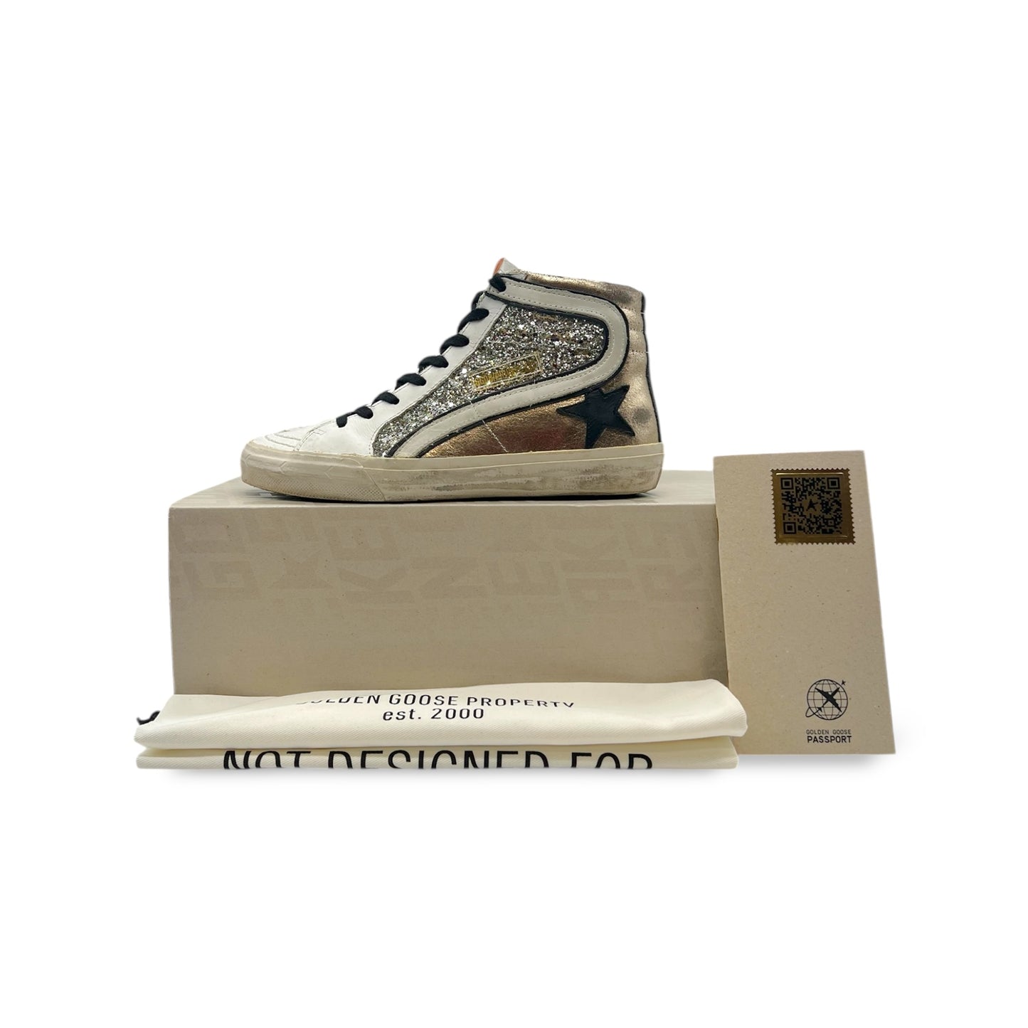 Golden Goose Slide Distressed Suede-Trimmed Leather and Lurex High-Top Women’s Sneakers