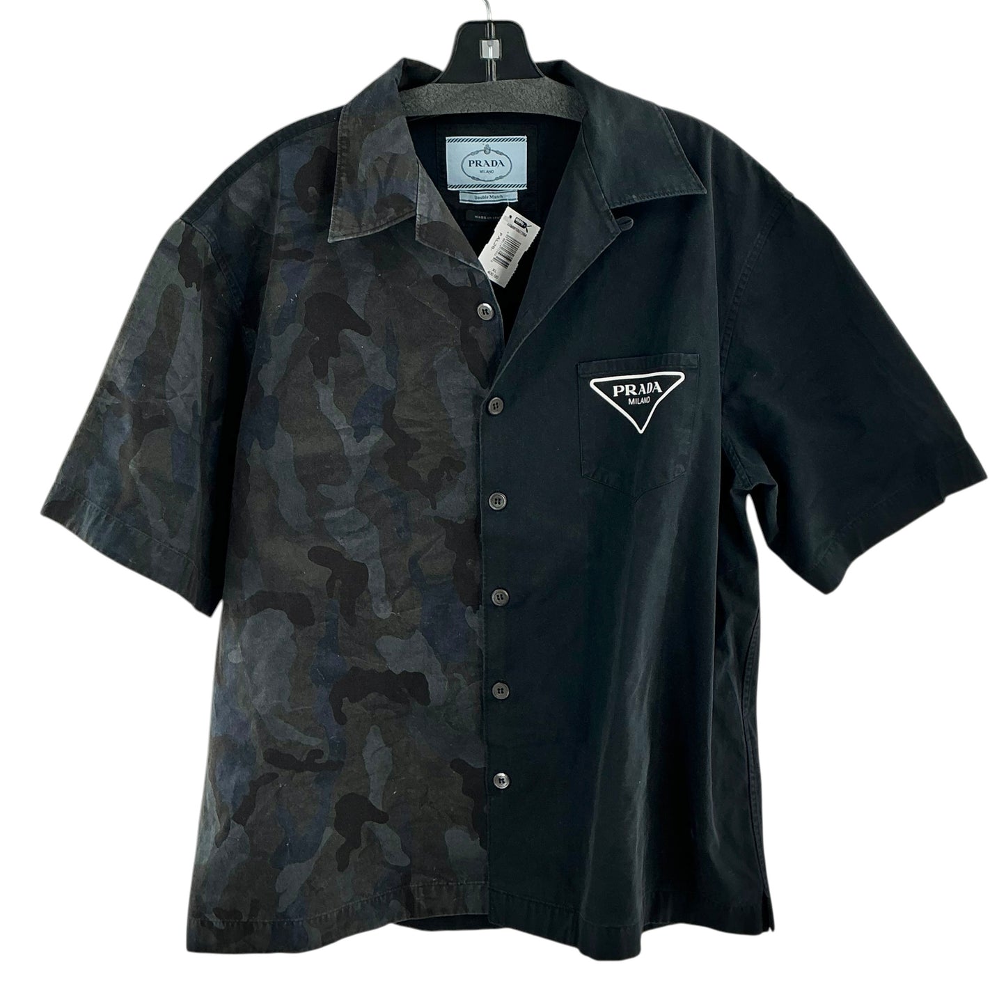 Prada Double Match Camouflage Split Poplin Bowling Shirt Black Gray