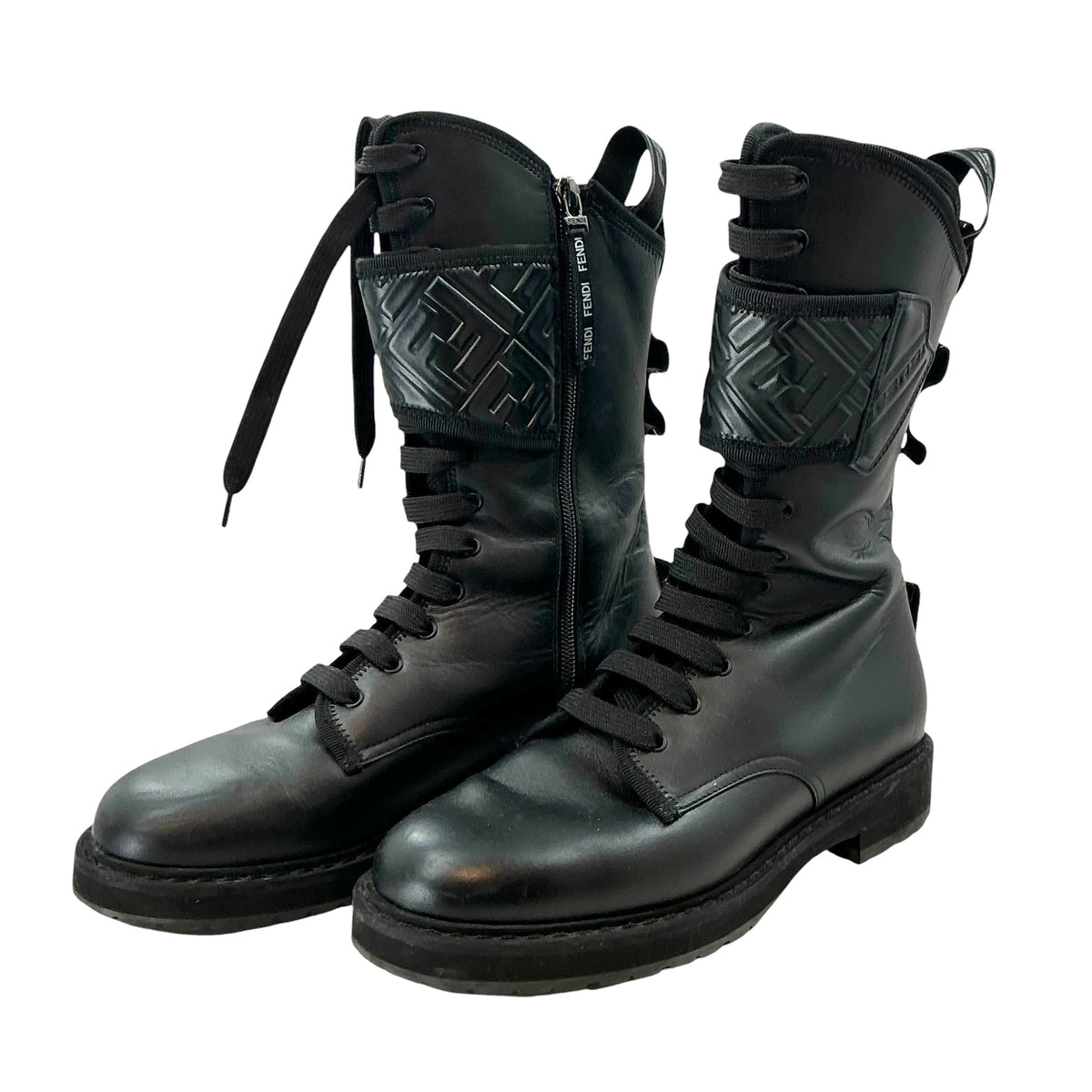 Fendi Black Leather Rockoko FF Monogram Combat Biker Boots