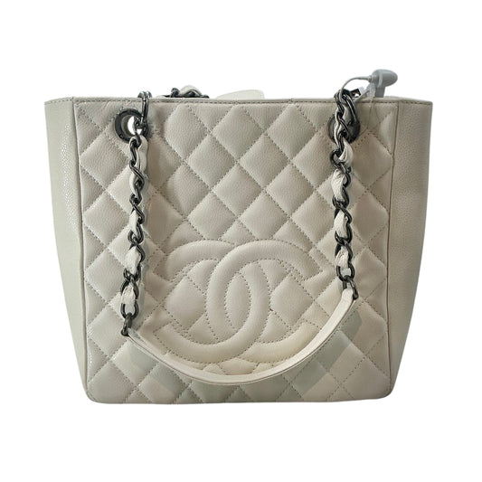 Chanel White Quilted Caviar Leather Petite Shopping Tote (PST) Bag