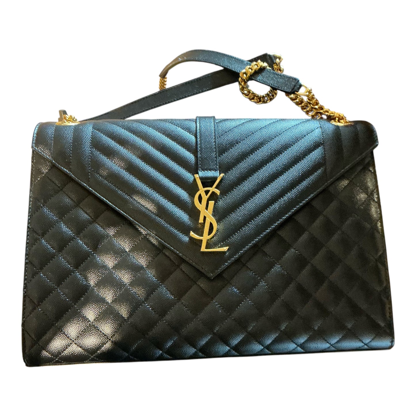 Saint Laurent Large Monogram Envelope Triquilt Satchel Bag – Black Grained Leather with Gold Hardware