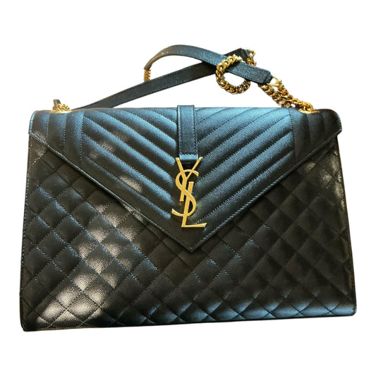 Saint Laurent Large Monogram Envelope Triquilt Satchel Bag – Black Grained Leather with Gold Hardware