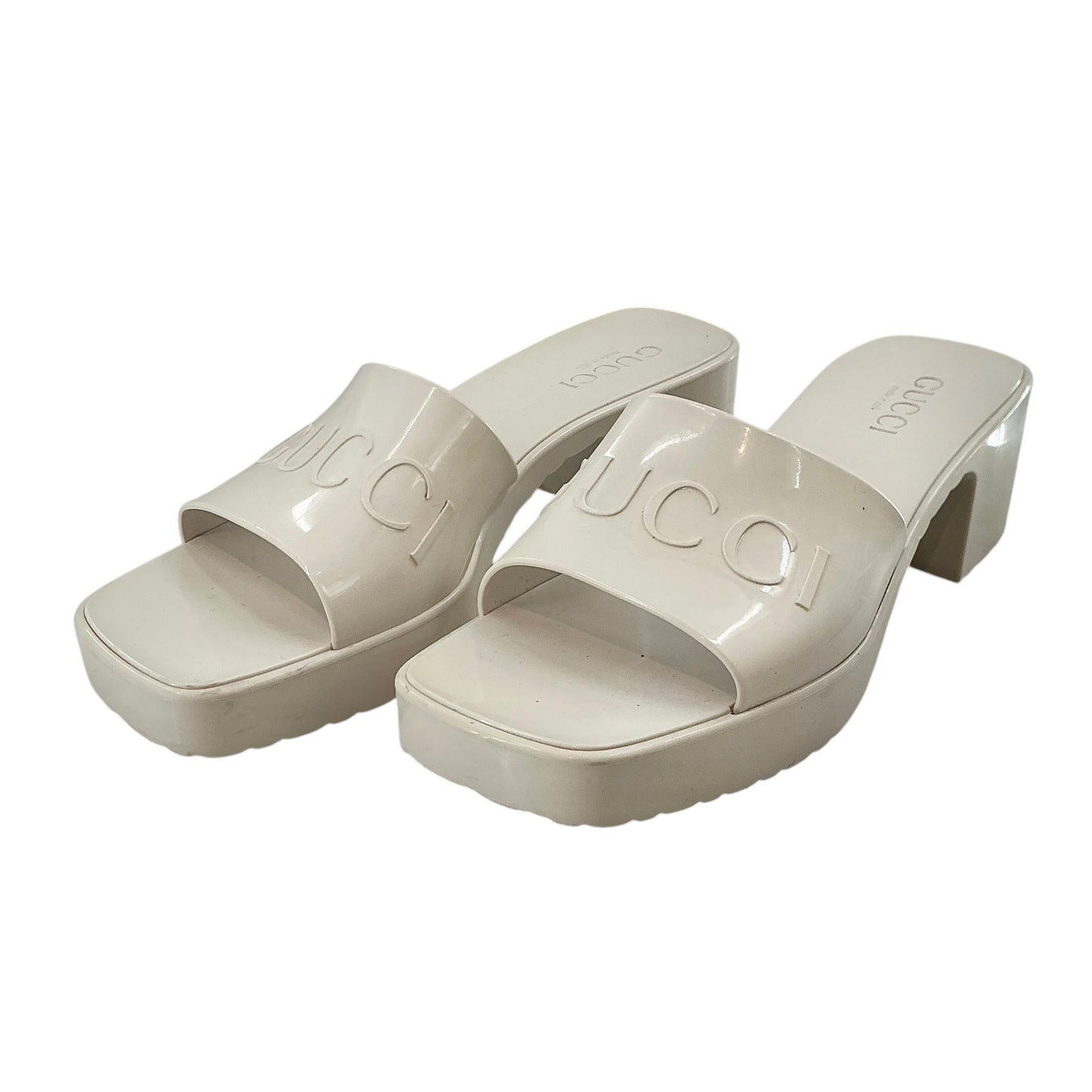Gucci White Rubber Platform Logo Block Heel Slide Sandals
