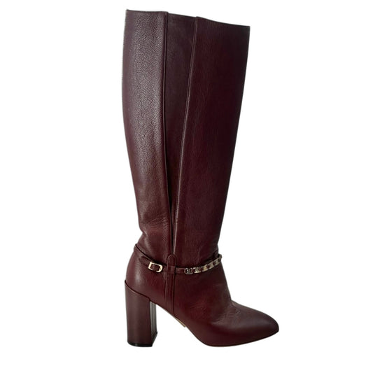 FERRAGAMO Triba Burgundy Leather Knee-High Chain Boots