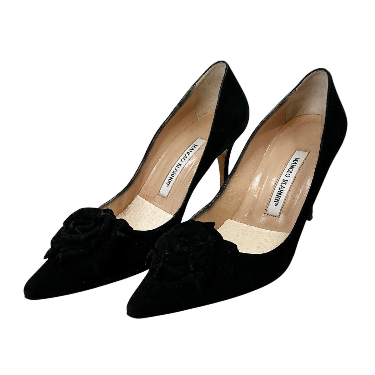 Manolo Blahnik Black Suede Lisa Flower Applique Pointed Toe Pumps