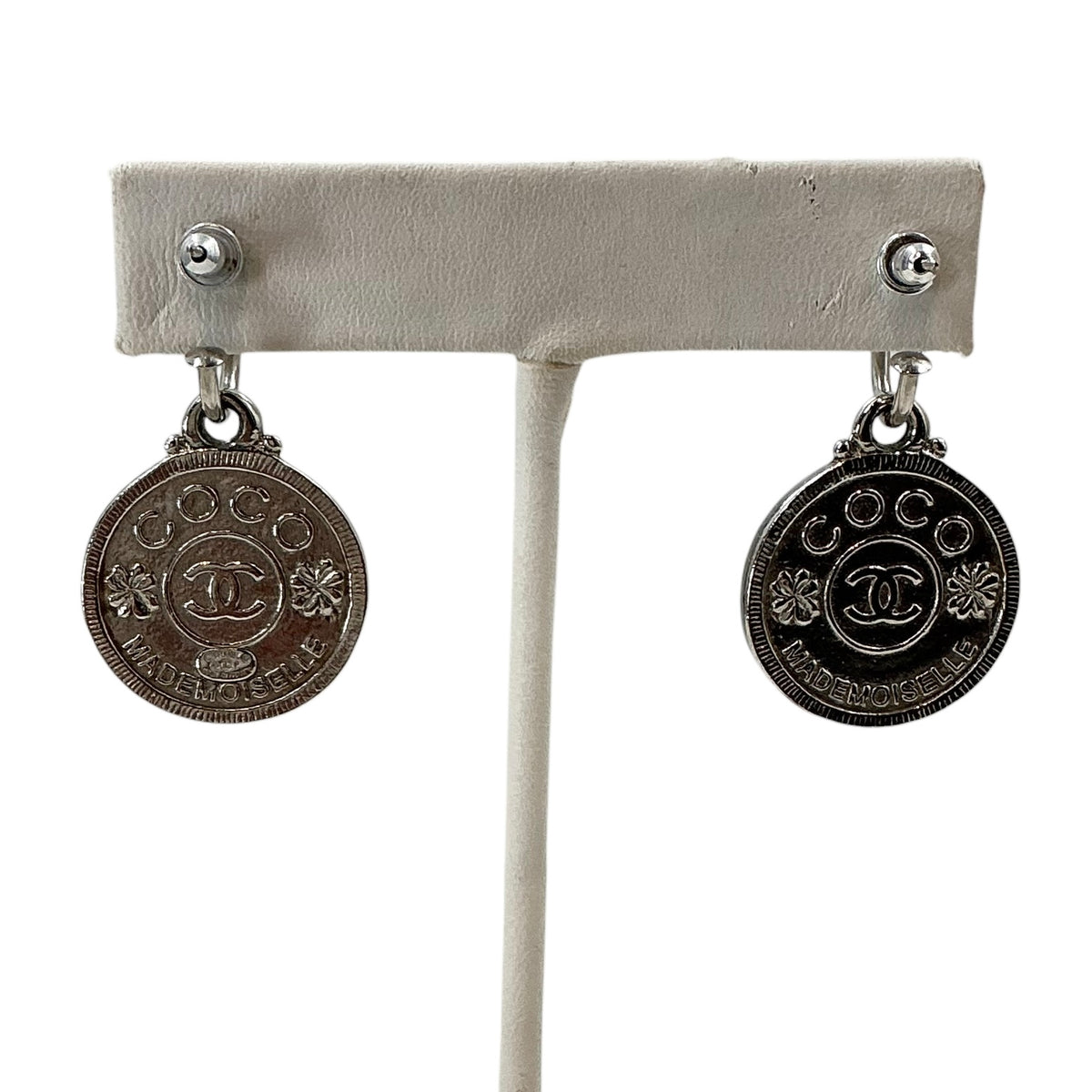 Vintage Chanel Silver Mademoiselle Coin Drop Earrings