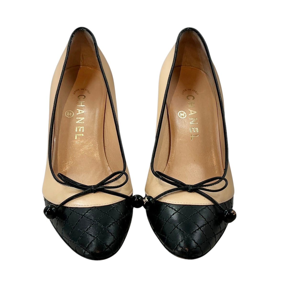 Chanel Two-Tone Quilted Cap-Toe Bow Pumps
