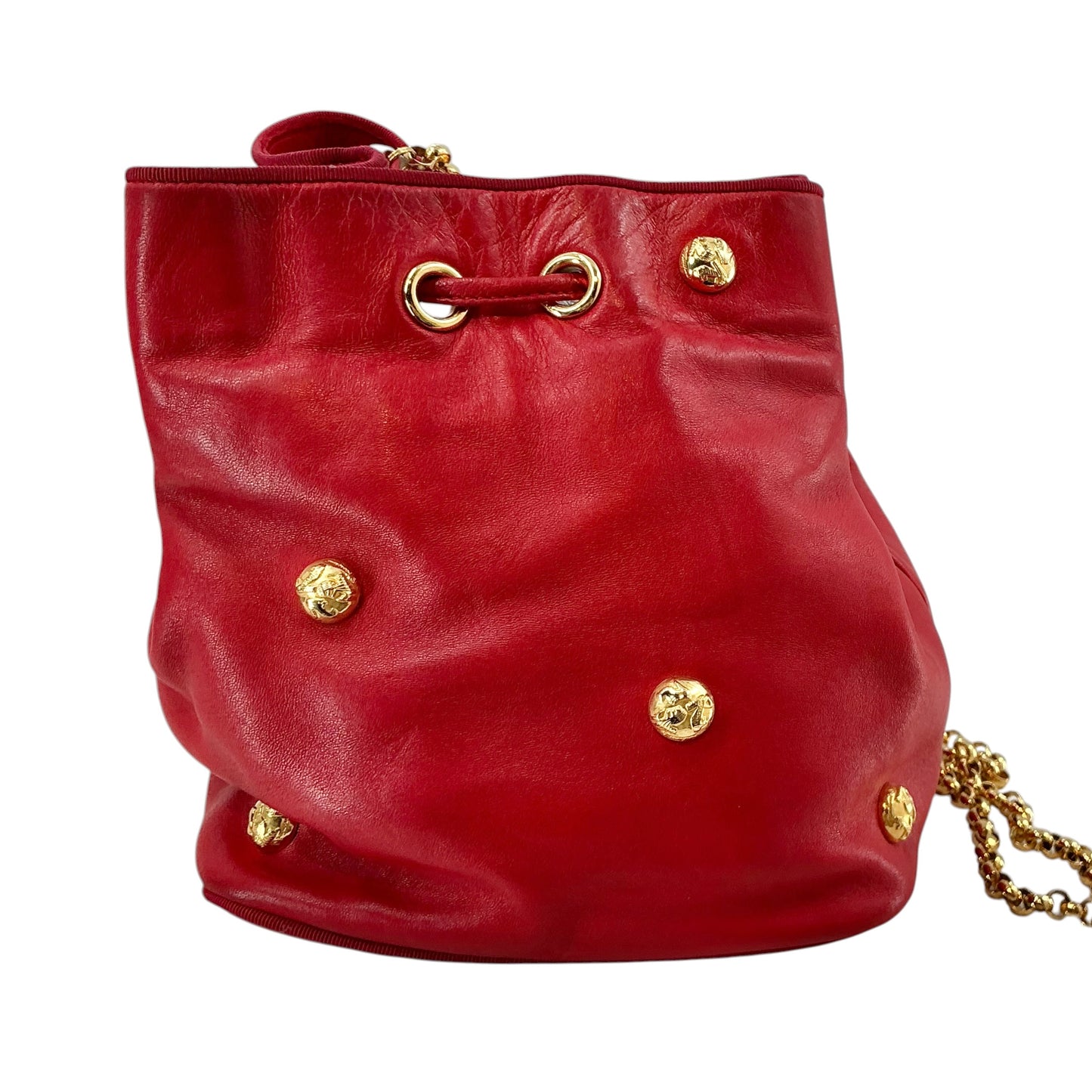 Salvatore Ferragamo Red Leather Drawstring Bucket Bag with Gold Icon Studs & Chain Strap