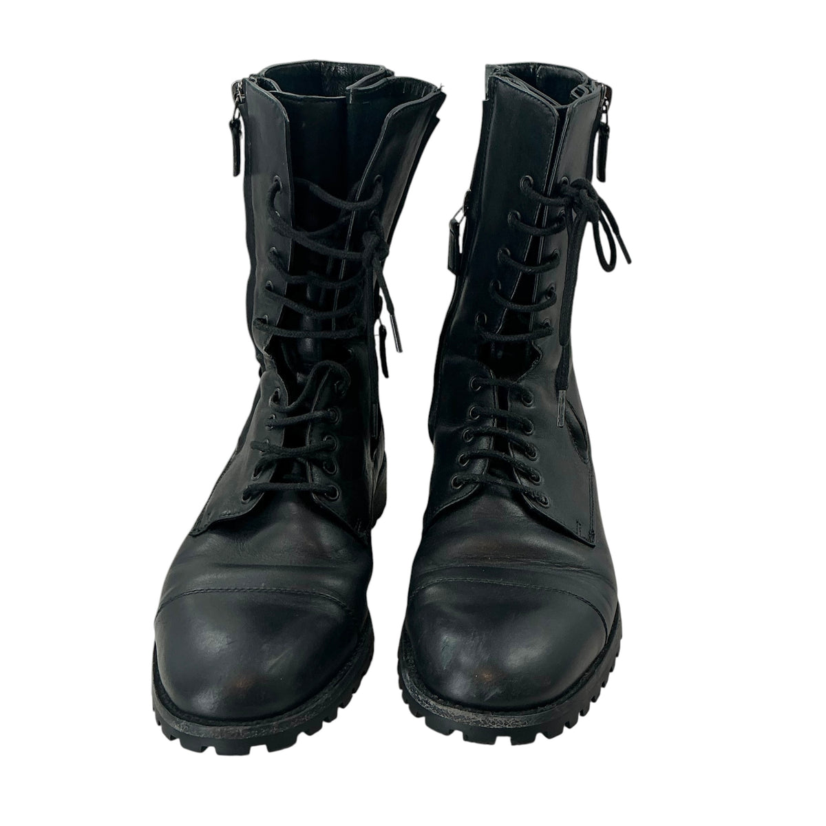 Manolo Blahnik Lugata Black Calf Leather Lace Up Zip Combat Boots