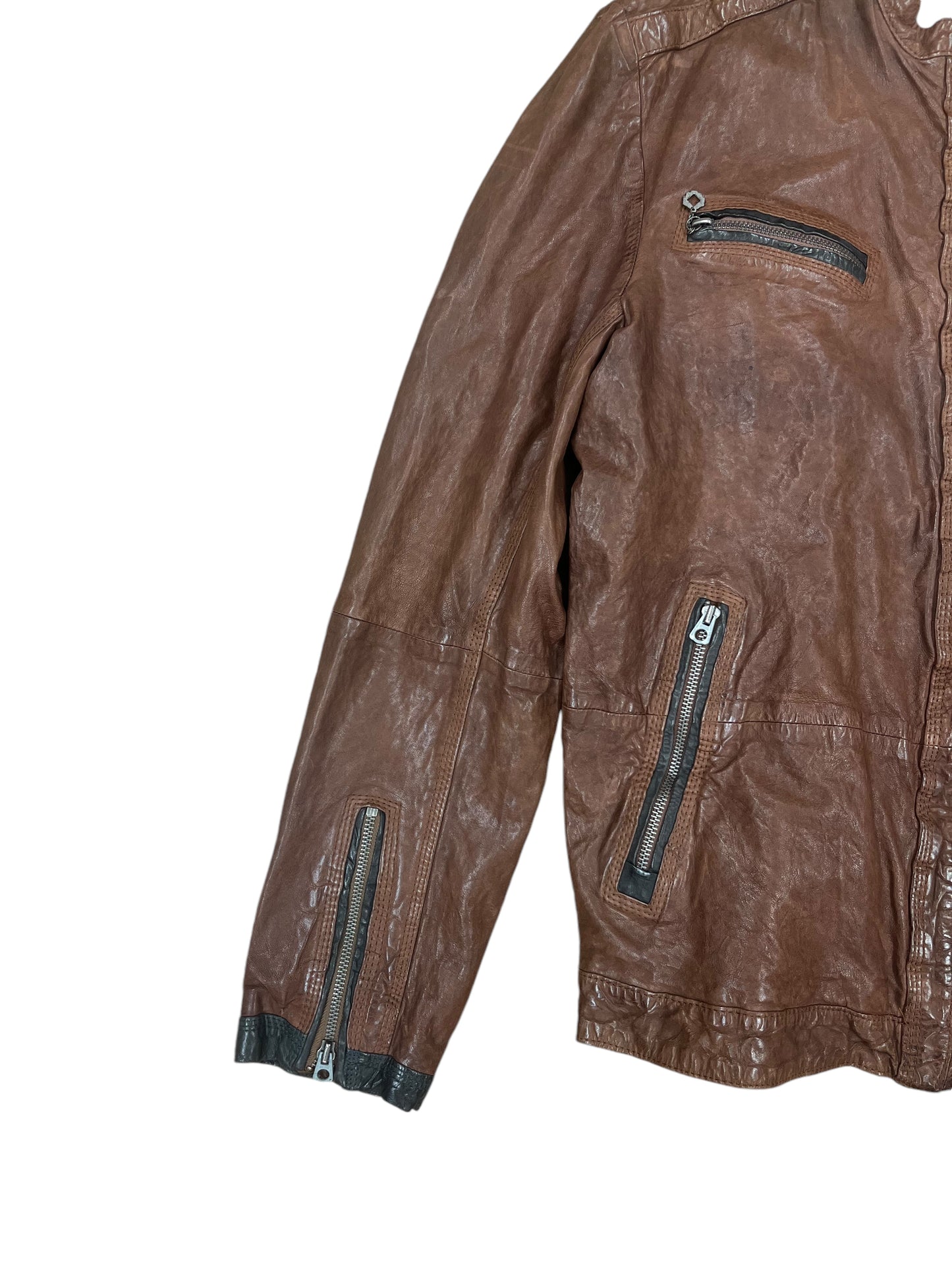 Diesel Brown 3 Zip Leather Jacket