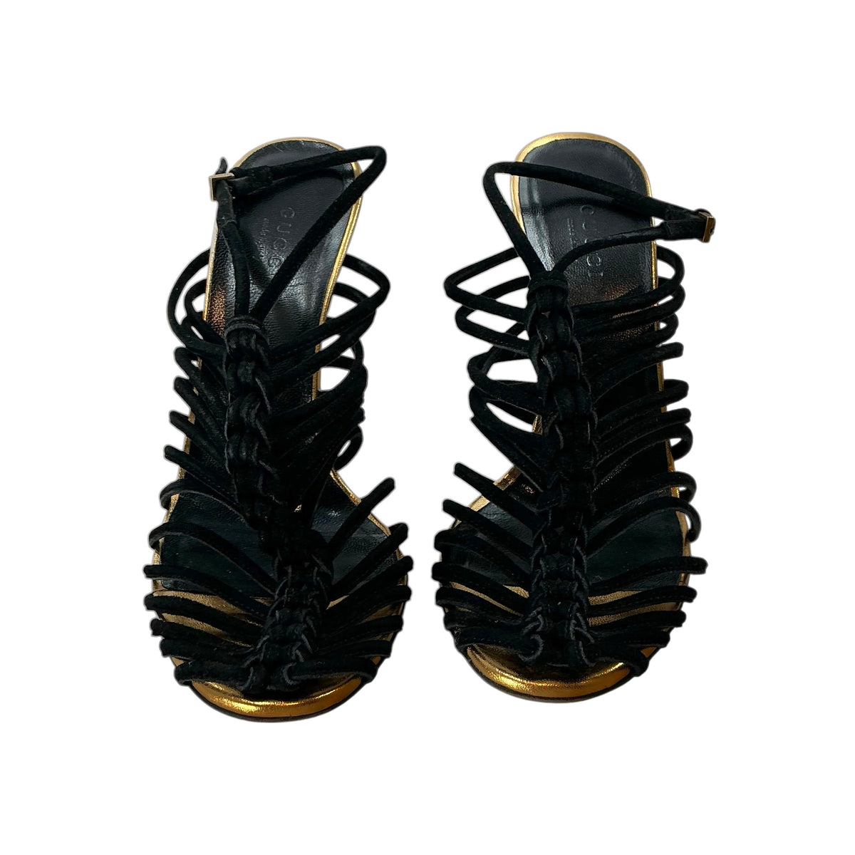 Gucci Angelique Black Suede Braided Caged Stiletto Strappy Sandals Heels