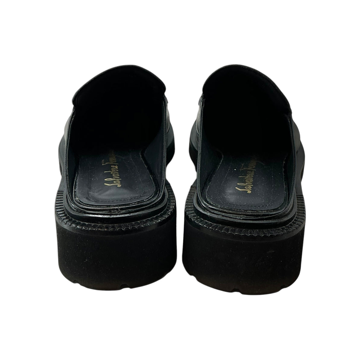 Salvatore Ferragamo Black Leather Gancini Platform Loafer Mules