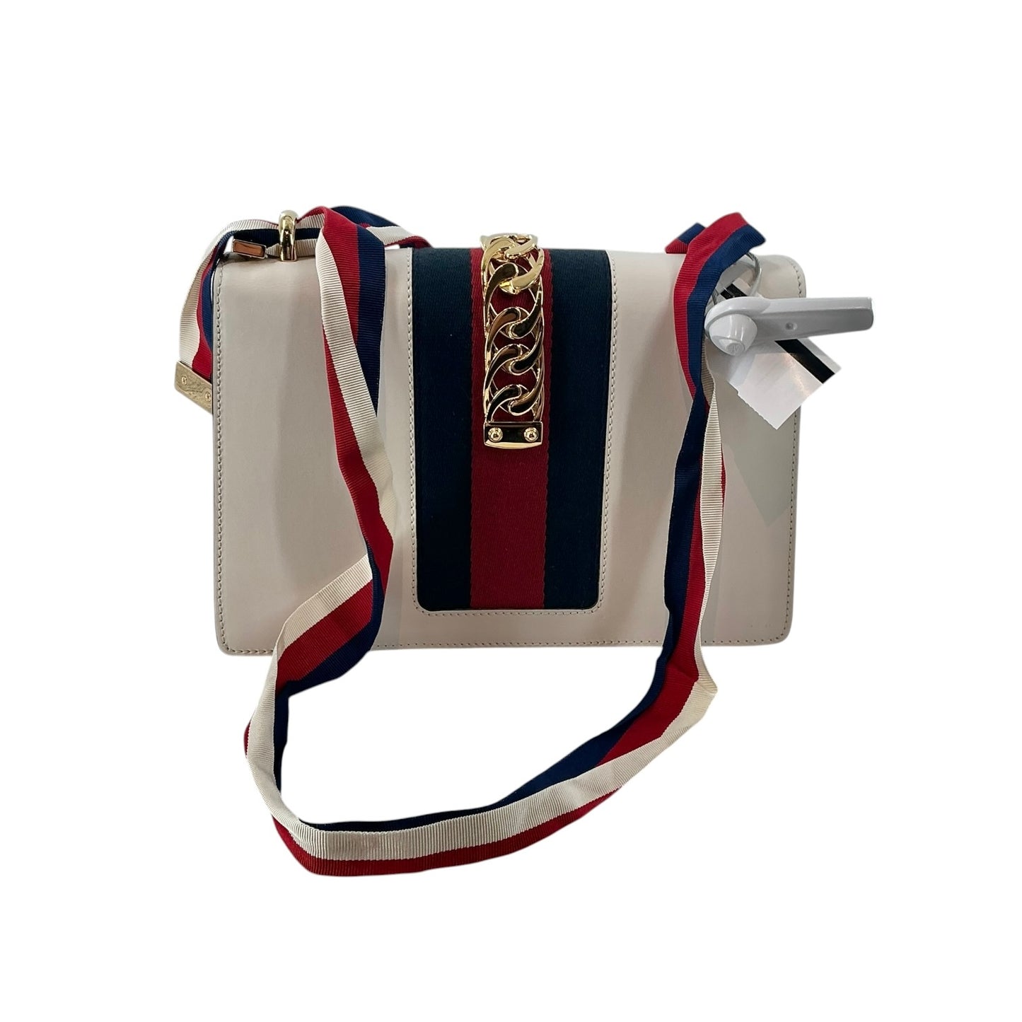 Gucci Sylvie Small White Calfskin Leather Web Shoulder Bag