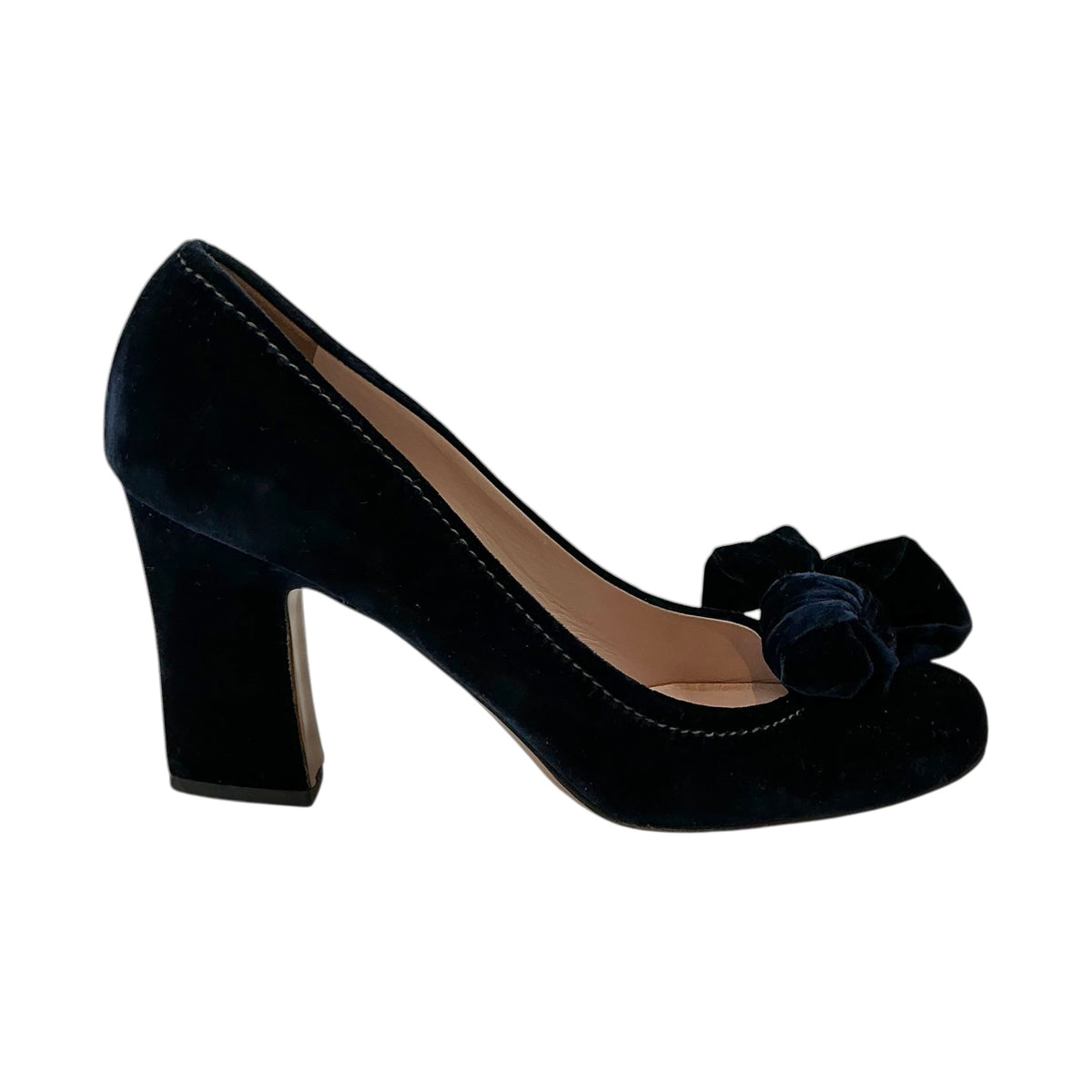 Miu Miu Midnight Blue Velvet Bow Accent Chunky Heel Pumps