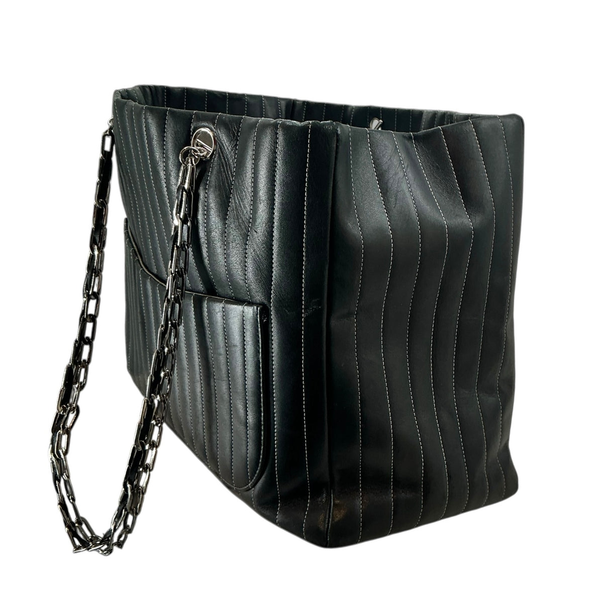 Vintage Chanel Black Lambskin Vertical Quilted Mademoiselle Large Ligne Tote Bag