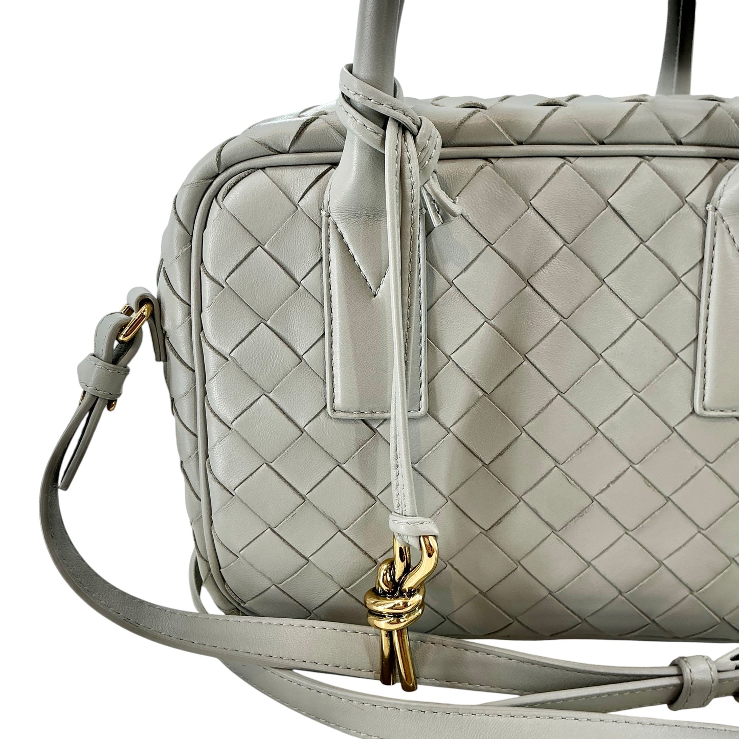 Bottega Veneta Small Getaway Lambskin Intrecciato Top-Handle Crossbody Bag – Agate Grey