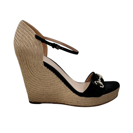 Gucci Horsebit Suede Espadrille Wedge Sandals Black