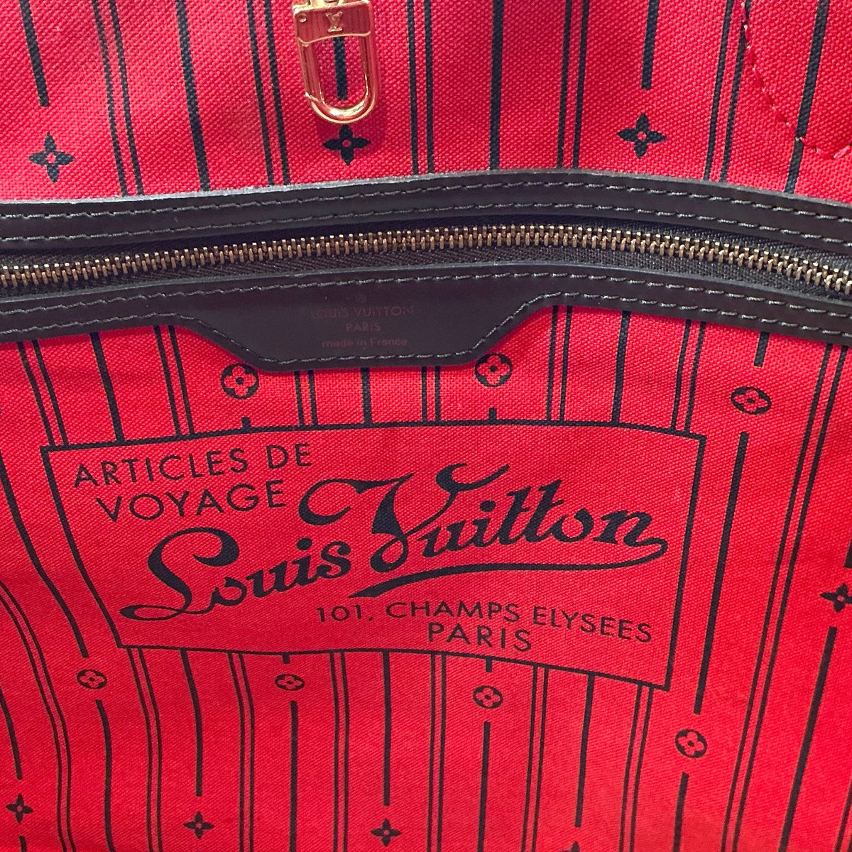 Louis Vuitton Neverfull GM Damier Ebene Tote Bag Brown Red Interior