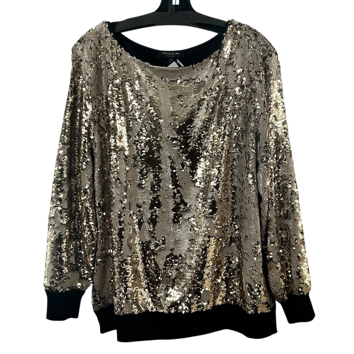 Lafayette 148 New York Gold Sequin Long Sleeve Top Blouse Black Trim