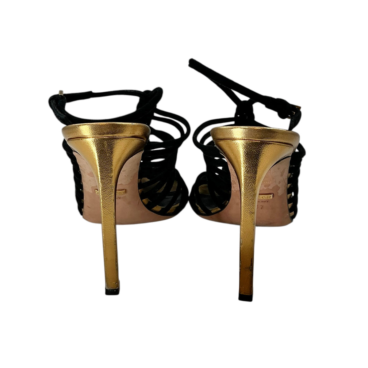 Gucci Angelique Black Suede Braided Caged Stiletto Strappy Sandals Heels