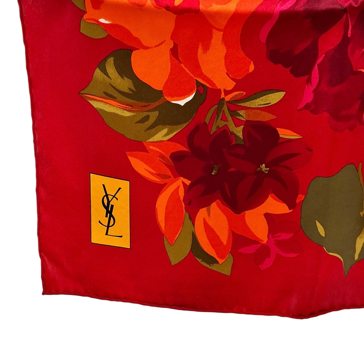 Vintage Yves Saint Laurent Silk Floral Scarf – Vibrant Red, Orange & Yellow Square Foulard