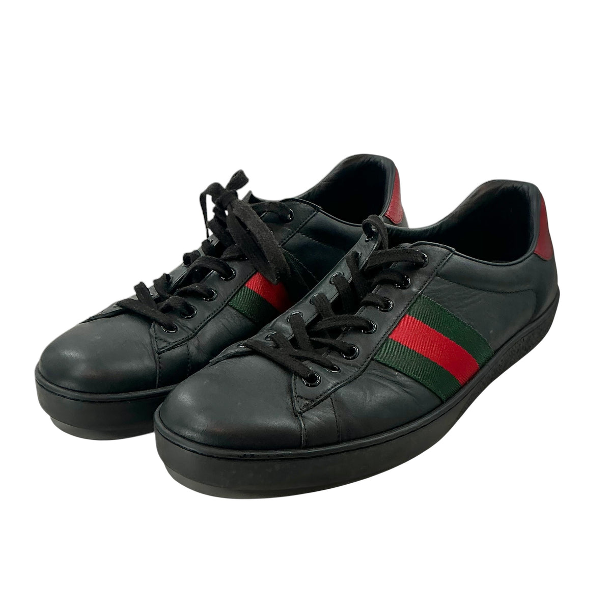 Gucci Ace Black Leather Sneakers Low Top Web Stripe