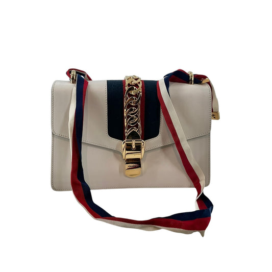 Gucci Sylvie Small White Calfskin Leather Web Shoulder Bag