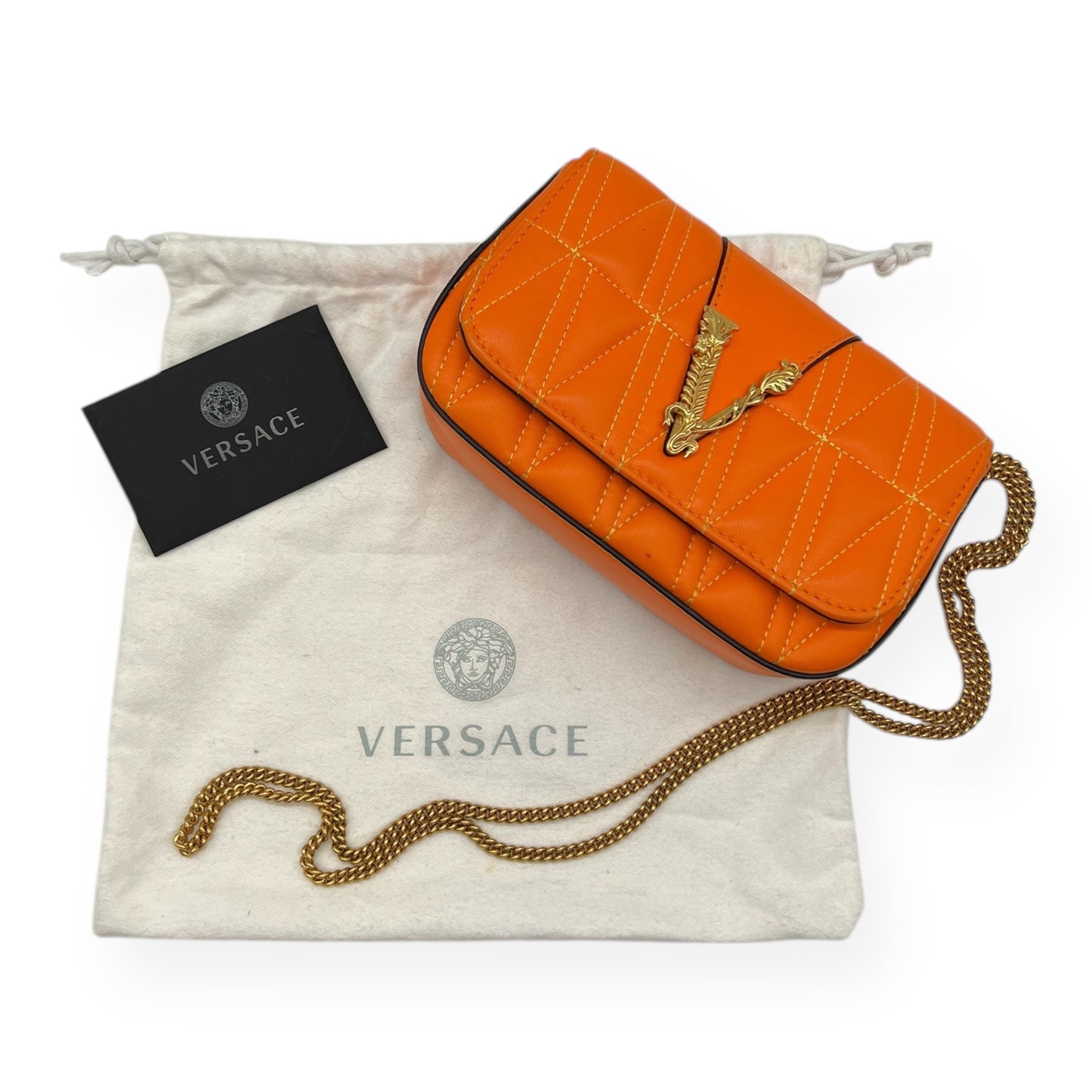 Versace Quilted Leather Mini Orange Crossbody Bag