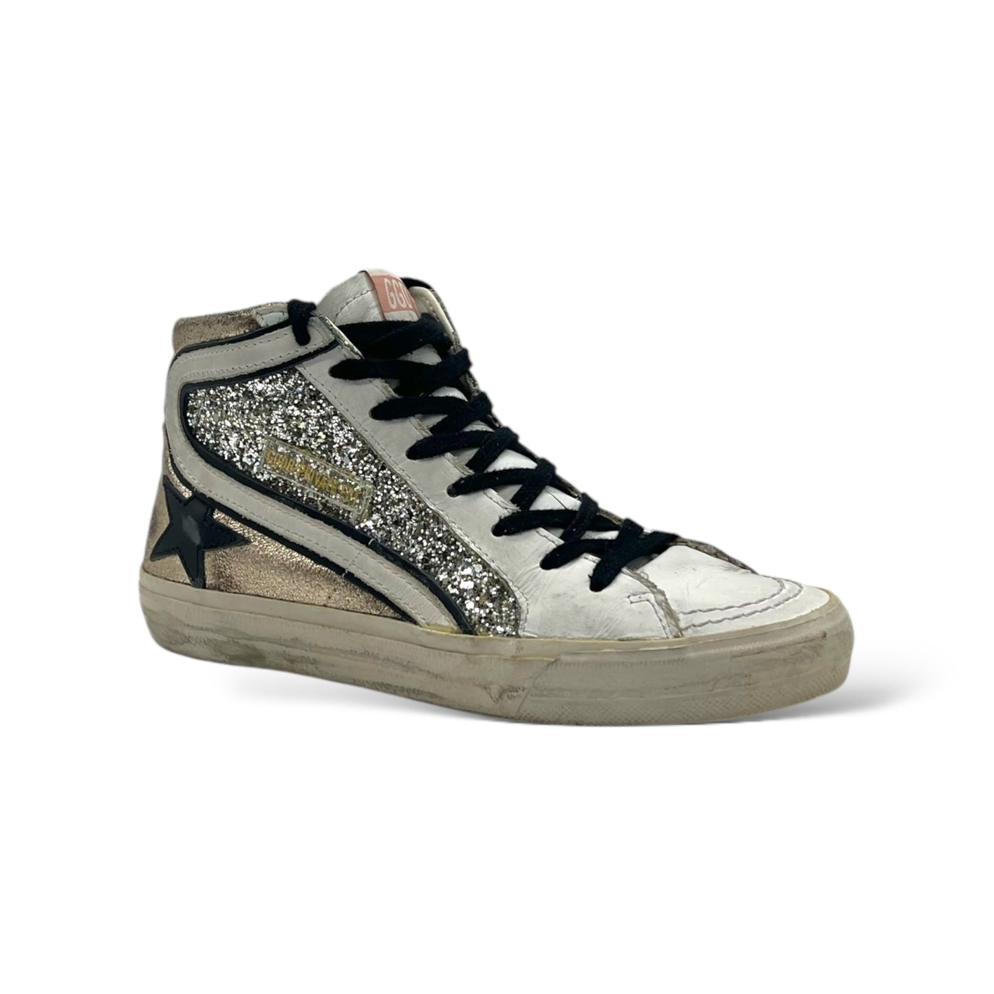 Golden Goose Slide Distressed Suede-Trimmed Leather and Lurex High-Top Women’s Sneakers