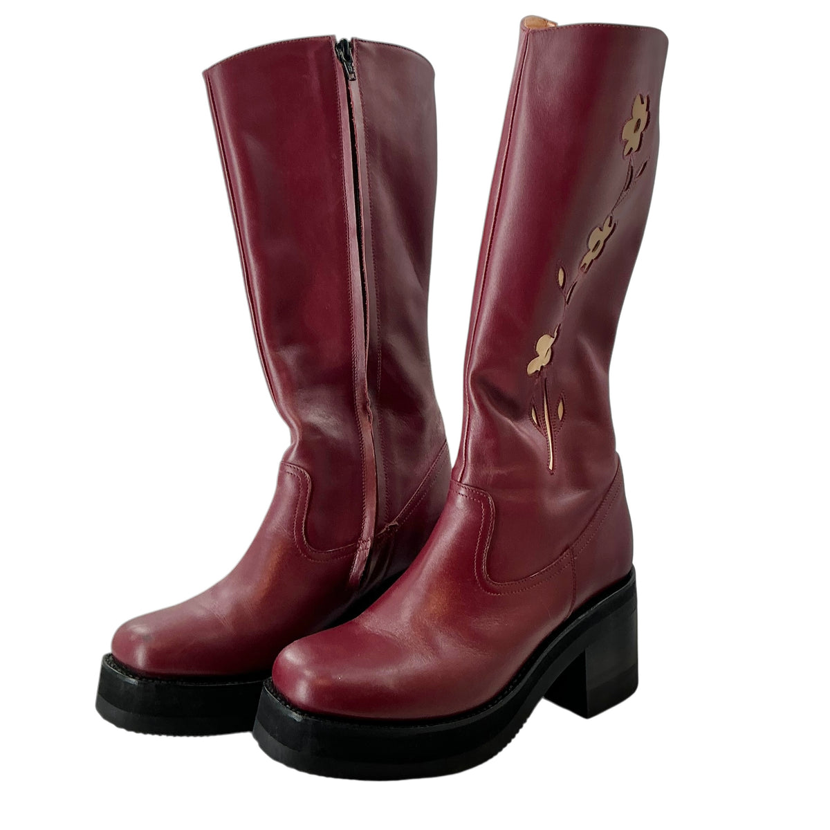 Sendra 70s Retro Red Leather Floral Chunky Platform Boots