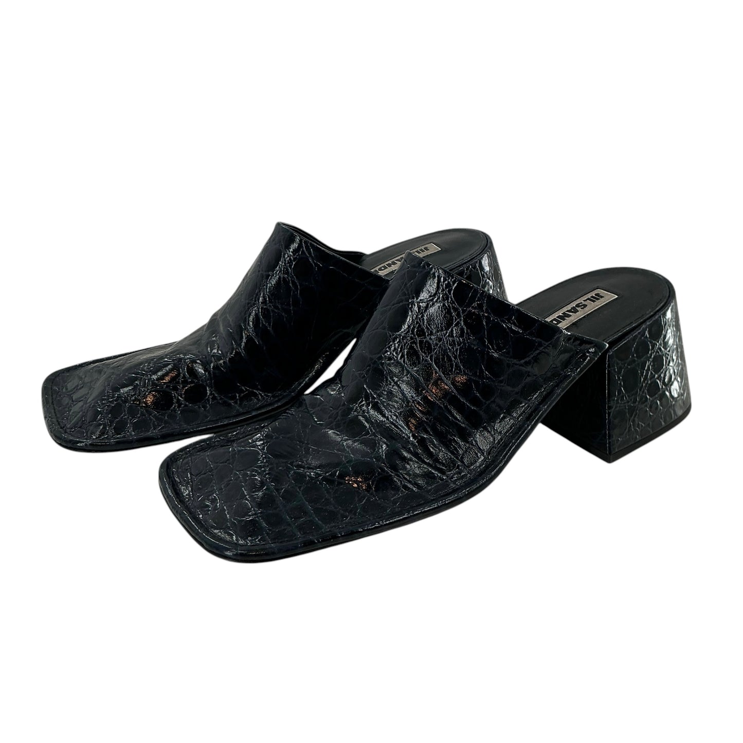 Jil Sander Navy Blue Croc-Embossed Leather Square-Toe Mules