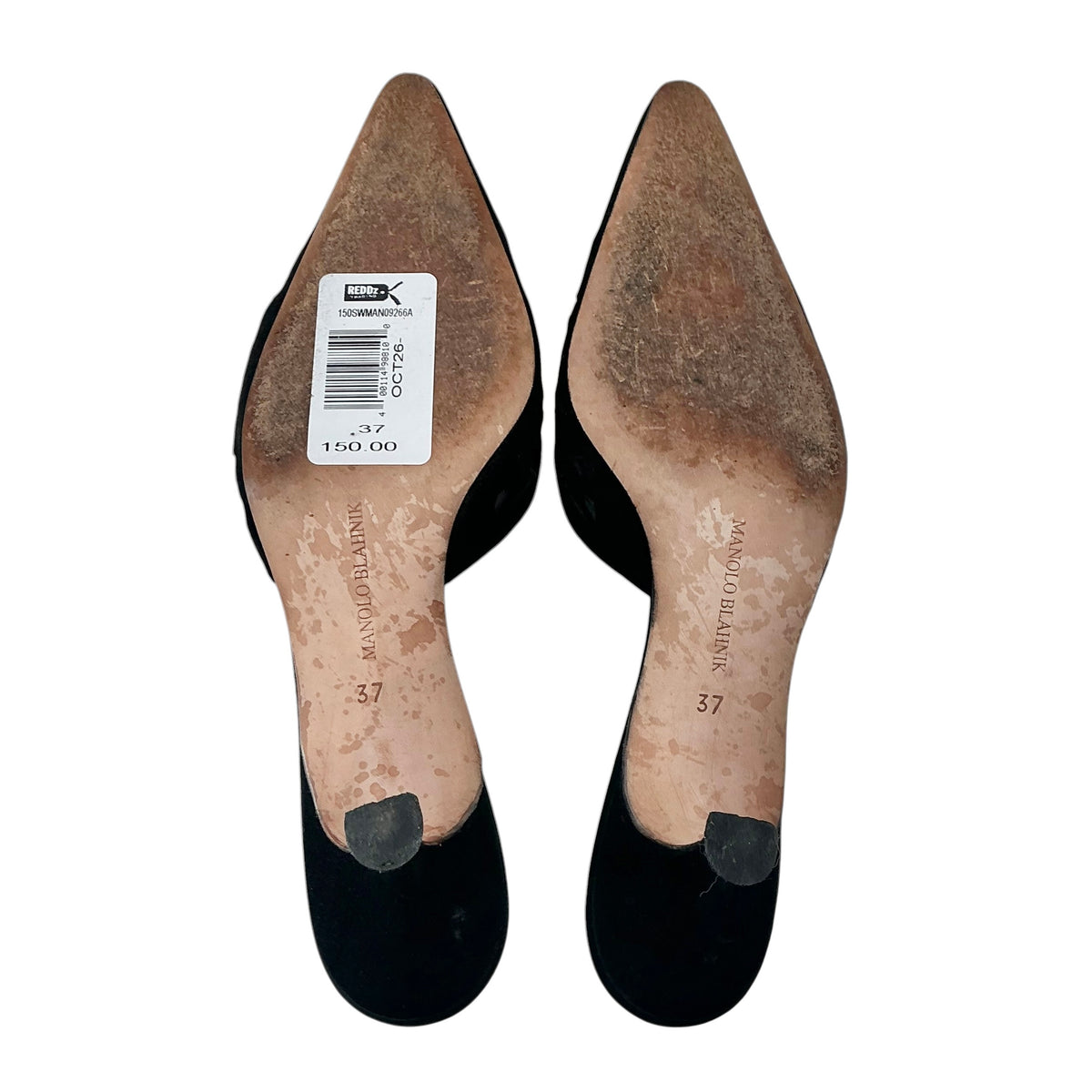 Manolo Blahnik Black Suede Laser Cutout Mules / Kitten Heels