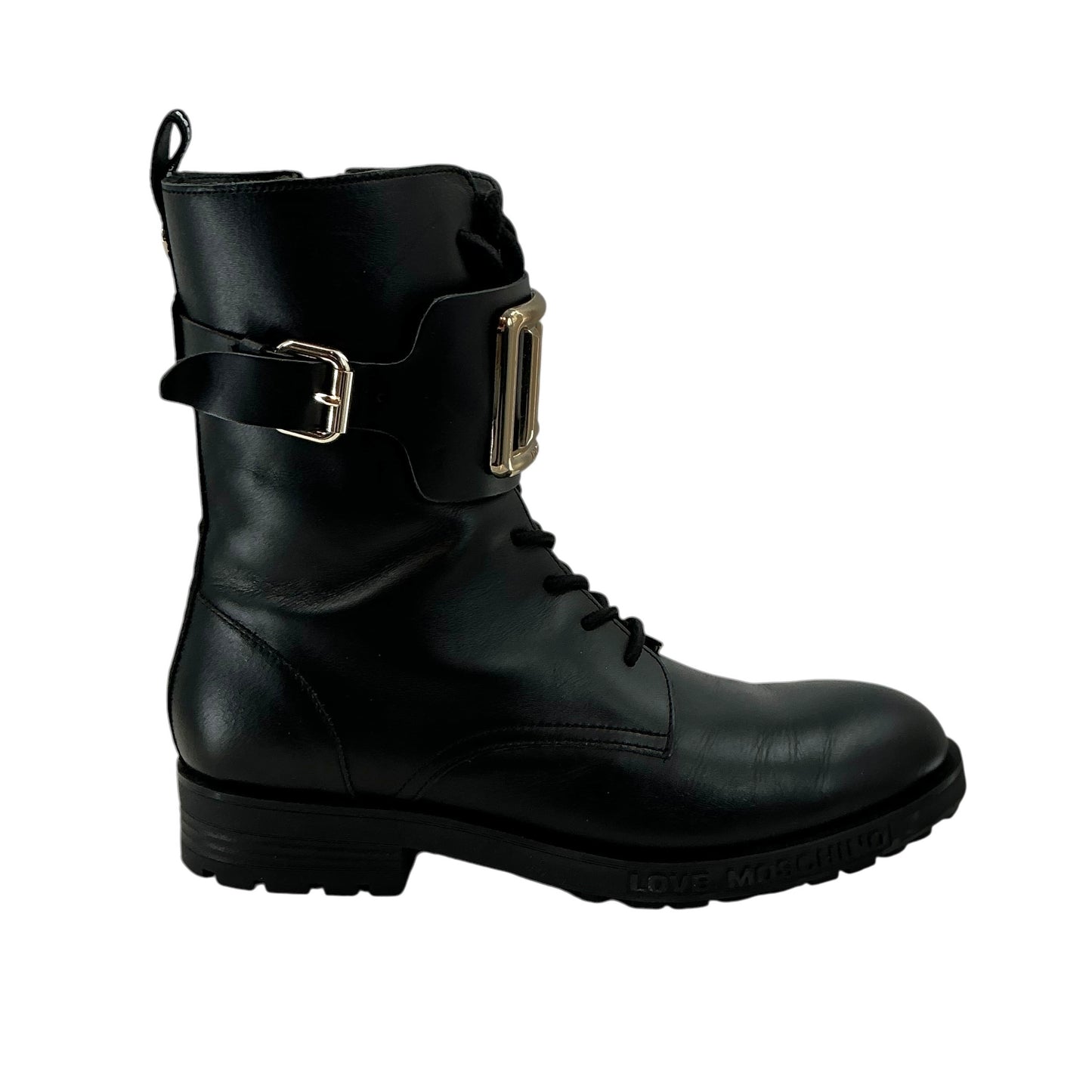 Love Moschino Black Leather LM Logo Combat Boots